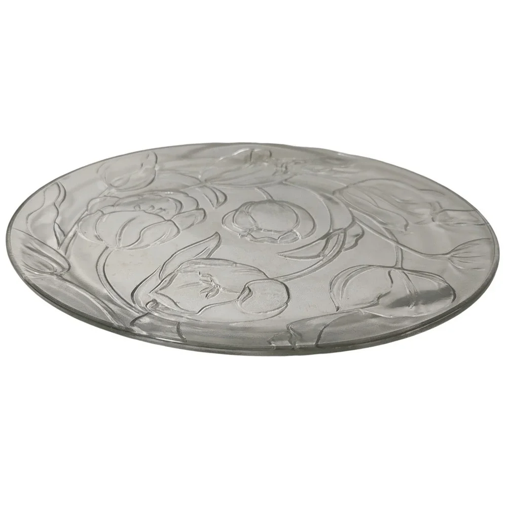 Vintage Kig Group Round Serving Platter Embossed Tulips‎ Clear Glass 13 inch SEE